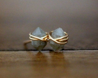 Labradorite Studs , Gemstone Point Earrings in Gold , Rose Gold , Sterling Silver , Petite Gray Blue Geometric Post , Natural Stone - Pike