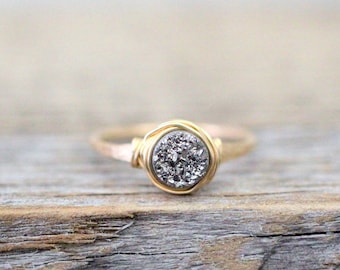 Druzy Solitaire Ring , Silver Platinum Gray Tiny Gemstone Round Ring in Gold , Rose Gold , Sterling Silver - Micro Stacking Ring