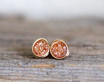 Druzy Gold Studs , Tiny Post Earrings in Gold , Sterling Silver , Rose Gold , Apricot Peach Neutral - Micros ( Clementine )