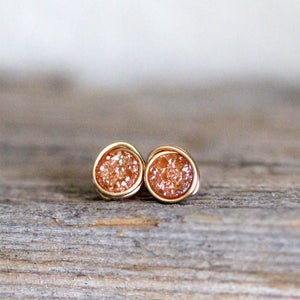 Druzy Gold Studs , Tiny Post Earrings in Gold , Sterling Silver , Rose Gold , Apricot Peach Neutral Micros Clementine image 1