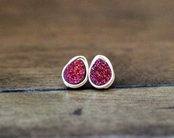 Druzy Studs, Gold Druzy Earrings , Teardrop Post Stud, Purple Quartz , Sterling Silver , Rose Gold ,  Minimalist Fashion - Aubergine