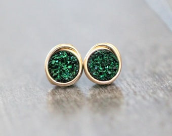 Emerald Druzy Studs , Tiny Post Green Earrings in Gold , Sterling Silver , Rose Gold , Saint Patrick’s Day Jewelry - Micros ( Emerald City )