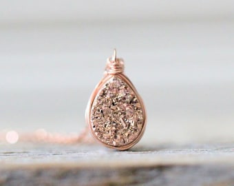 Druzy Teardrop Necklace, Rose Gold Bezel Wrapped Quartz Gemstone Gilded Geode Jewelry, Drusy Pendant  - As Seen on Chicago FIre