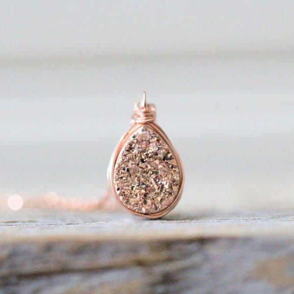 Druzy Teardrop Necklace, Rose Gold Bezel Wrapped Quartz Gemstone Gilded Geode Jewelry, Drusy Pendant  - As Seen on Chicago FIre