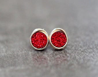 Druzy Studs , Red Tiny Post Earrings in Gold , Sterling Silver , Rose Gold , Petite Minimalist Fashion , Christmas - Micros ( Tamale )