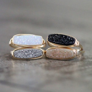 Druzy Bar Ring, Gold Rose or Silver, Choose Your Color, Raw Geode Stacking Ring