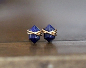 Lapis Lazuli Studs, Lapis Post Earrings, Gold Filled, Dainty Gemstone, Rose Gold, Sterling Silver, Geometric Point - Pike