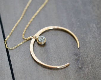 Druzy Half Moon Necklace, Gold Double Horn Crescent Statement Necklace, Long Boho Druzy Pendant , Rose Gold , Silver - Fete