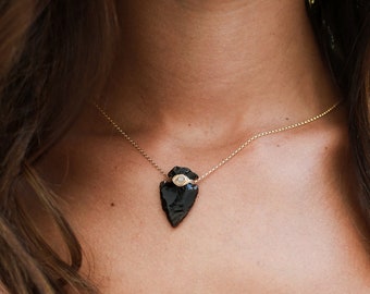 Arrowhead Gold Necklace , Obsidian Moonstone Natural Gemstone, Gold Sterling or Rose, Bohemian Gifts - Canyon