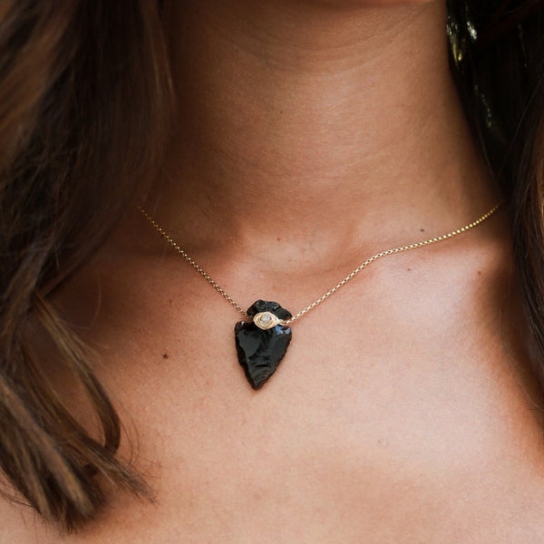 Arrowhead Gold Necklace , Obsidian + Moonstone Natural Gemstone , Gold Sterling Rose , Bohemian Boho Fashion - Canyon