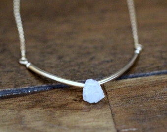 Moonstone Bar Necklace, Gold Moonstone, Curved Bar, Raw Gemstone, Collar Necklace, Rose Gold Sterling Silver, Non Plated - Valkyrie