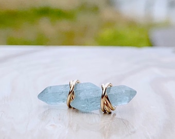 Aquamarine Stud Earrings March Birthstone Double Pointed Studs , Gold Filled , Rose Gold, Sterling Silver, Raw Crystal Studs - Crest