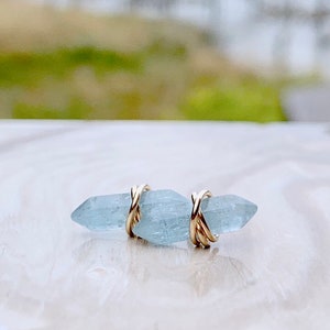 Aquamarine Stud Earrings March Birthstone Double Pointed Studs , Gold Filled , Rose Gold, Sterling Silver, Raw Crystal Studs - Crest