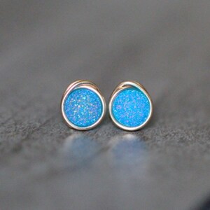 Druzy Studs, Tiny Aqua Blue Earrings , Gold , Sterling Silver, Rose, Stacking Studs, Little Round Raw Stone Earrings - Micros