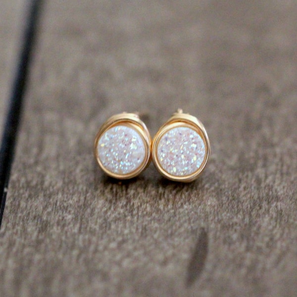 Druzy Studs, Tiny White Earrings , Gold , Sterling Silver , Rose, Round Little Minimalist Jewelry Gifts Under 50 - Micros (Confetti Cream)