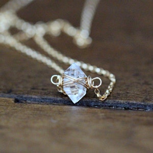 Herkimer Diamond Necklace, Gold Caged Raw Crystal Choker, April Birthstone, Bohemian Herkimer Jewelry