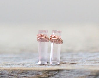 Rose Quartz Bar Studs, Gold Baguette Earrings, Blush Pink Gemstone, Rose Gold Stud, Sterling Silver, Boho Gem Jewelry