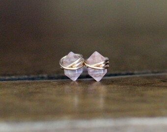 Rose Quartz Studs ,  Blush Pink Petite Gemstone Post Earrings in Gold , Rose Gold , Sterling Silver , Geometric Natural Stone - Pike