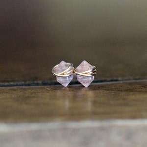 Rose Quartz Studs ,  Blush Pink Petite Gemstone Post Earrings in Gold , Rose Gold , Sterling Silver , Geometric Natural Stone - Pike