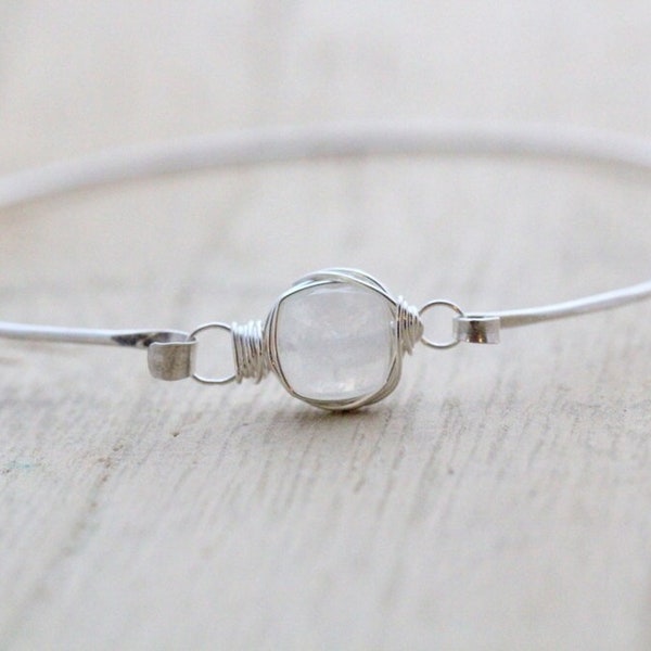 Moonstone Sterling Silver Bracelet, Bezel Wrapped White Stone, Thin Bangle, Hinge Clasp