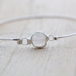 Moonstone Sterling Silver Bracelet, Bezel Wrapped, 14k Gold Filled, Rose, White Stacking Bangle, Thin Hammered Hinge Clasp Jewelry