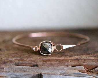 Pyrite Gold Bracelet , Bezel Wrapped Solitaire Gemstone Bangle , 14K Gold Filled , Rose , Sterling Silver , Minimalist Metallic Fashion