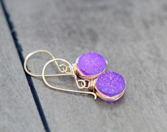 Druzy Gold Earrings , Lavender Dangle Earrings in 14k Gold Filled , Sterling Silver , Rose Gold , Amethyst Purple Druzy - Sugarplum