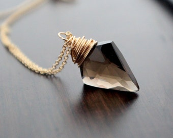 Arrowhead Necklace in Gold, Smoky Quartz Gemstone Pendant, Boho Jewelry, Sterling Silver Rose - Arrow