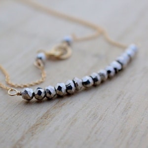 Pyrite Beaded Bar Necklace, Dainty Layering Gemstone Necklace, Choker, Silver Gold or Rose Gold, Minimalist Jewelry - Flash