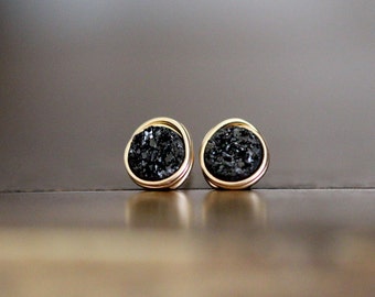 Small Druzy Studs, Druzy Stud Earrings, Black Tiny Post Earrings Gold Rose Sterling Silver, Minimalist Jewelry Gifts  - Eclipse