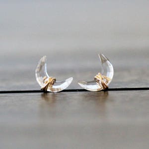 Crescent Moon Stud Earrings , Half Moon Studs, Crystal Quartz Gemstone Post, Gold , Rose Gold , Sterling Silver , Moonbeam image 1