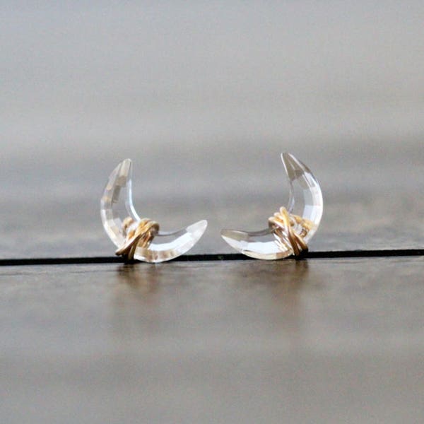 Crescent Moon Stud Earrings , Half Moon Studs, Crystal Quartz Gemstone Post, Gold , Rose Gold , Sterling Silver , -  Moonbeam