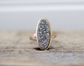 Druzy Oval Gold Ring , Silver Statement Gemstone Ring , Gold , Sterling Silver , Rose Gold , Gray Grey Gift Ideas - Platinum