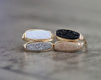 Druzy Bar Ring , Modern Stacking Ring in Gold , Rose , Sterling Silver , Choose Your Color , Handmade Wire Wrapped Ring