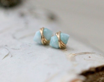 Larimar Gold Studs , Small Point Gemstone , Petite Post Earrings in Gold , Rose Gold , Sterling Silver , Geometric Natural Stone - Pike