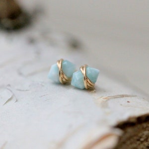 Larimar Gold Studs , Small Point Gemstone , Petite Post Earrings in Gold , Rose Gold , Sterling Silver , Geometric Natural Stone - Pike