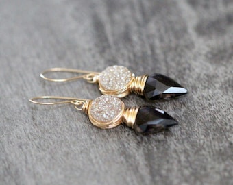 Druzy Arrowhead Earrings, Champagne Raw Stone, Smoky Quartz, Bohemian Nautical Style - Compass