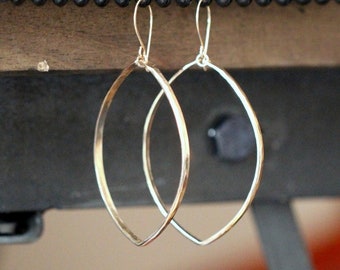 Large Hoop Earrings, Gold Marquise Leaf Dangle Hoops, Rose, .925 Sterling Silver, Bohemian Statement Jewelry