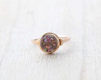 Druzy Stacking Ring , Rainbow Quartz in Gold , Sterling Silver , Rose, Round Drusy Raw Crystal Bezel Wrapped Stackable Rings - Unicorn