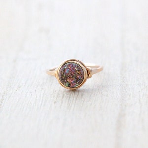 Druzy Stacking Ring , Rainbow Quartz in Gold , Sterling Silver , Rose, Round Drusy Raw Crystal Bezel Wrapped Stackable Rings - Unicorn