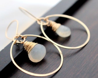 Moonstone Hoop Earrings, Thin Medium Hoops, June Birthstone, Gemstone Charm, Gold Rose or Silver