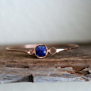 Lapis Lazuli Gold Bracelet , Bezel Wrapped Gemstone Stacking Bangle, 14k Rose Filled, Sterling Silver, Hinge Clasp image 1