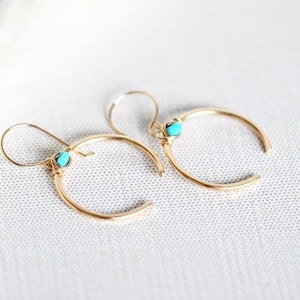 Turquoise Hoop Earrings, Bohemian Crescent Moon Open Hoops, Gold Rose or Silver - Caporal