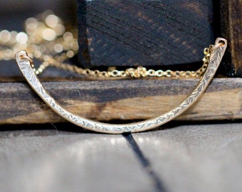 Arc Curved Bar Necklace, Gold Layering Minimalist Textured Pendant, Half Circle Moon  - Contour