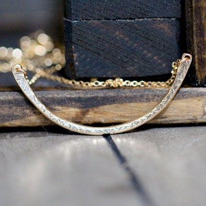 Arc Curved Bar Necklace, Gold Layering Minimalist Textured Pendant, Rose, Sterling Silver, Half Circle Moon  - Contour