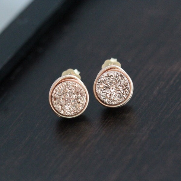 Druzy Studs, Rose Gold Druzy Stud Earrings, Modern Minimalist Stud, Genuine Druzy Quartz, Raw Stone Jewelry, Bezel Studs