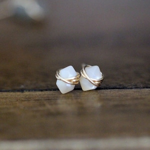 Mother Of Pearl Studs , Dainty Earrings in Gold , Rose , Sterling Silver , White Double Point Gemstone , Natural MOP- Pike