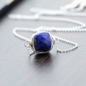 Lapis Lazuli Necklace, Silver Gemstone Choker, Genuine Sterling Jewelry, Bezel Wrapped Floating Pendant, Square Stone image 1