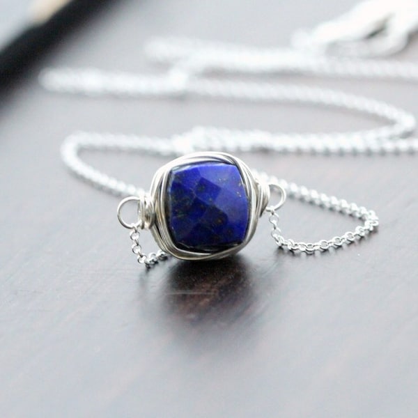 Collier en lapis-lazuli, tour de cou en argent avec pierres précieuses, bijoux en argent sterling véritable, pendentif flottant enveloppé dans la lunette