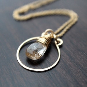 Golden Rutilated Quartz Necklace, Hammered Hoop Gemstone Pendant, Gold Rose or Sterling Silver